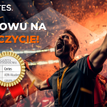 Mężczyzna świętujący sukces. Napis na grafice "Znowu na szczycie!".