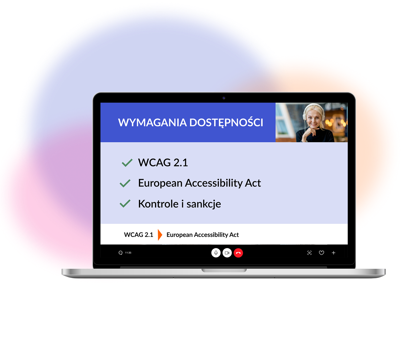 Laptop z prezentacją „Wymagania dostępności” zawierającą punkty: WCAG 2.1, European Accessibility Act oraz kontrole i sankcje.
