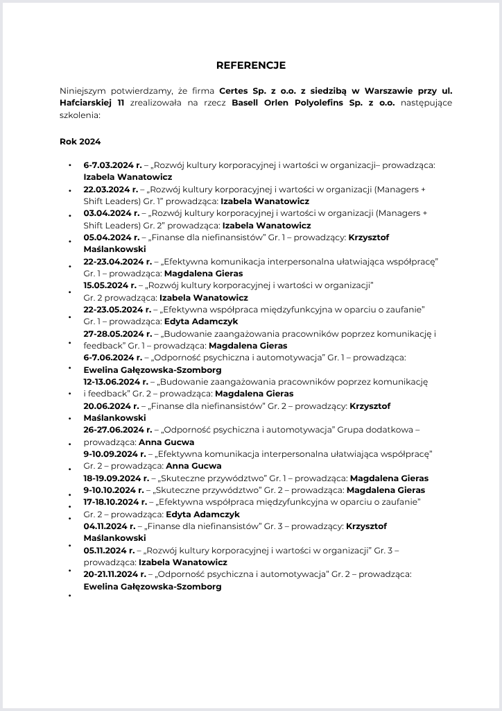 Basell Orlen Polyolefins referencje CERTES