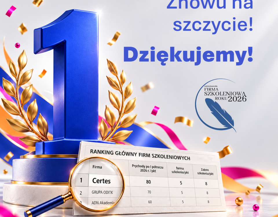 Grafika z okazji zajęcia przez Certes pierwszego miejsca w rankingu głównym firm szkoleniowych 2026. Widoczny niebieski puchar z cyfrą 1, złote laury, tabela rankingowa z nazwą Certes na pierwszym miejscu oraz napis „Znowu na szczycie! Dziękujemy!”.
